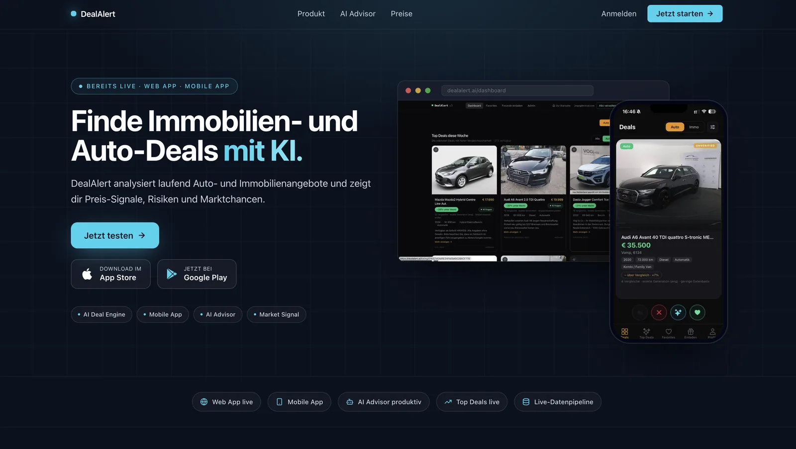 DealAlert — Landing: AI findet Auto- und Immobiliendeals