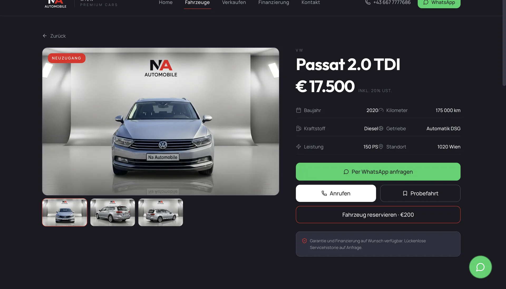 NAAutomobile — Fahrzeugdetailseite mit Preis, Galerie und CTAs