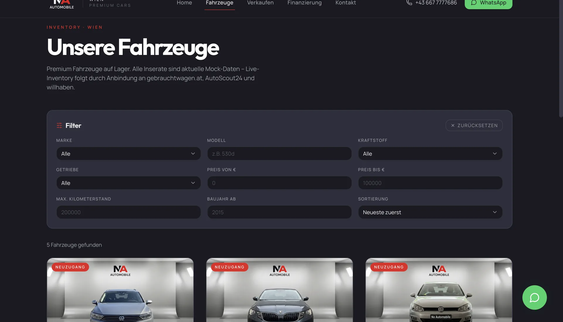 NAAutomobile — Fahrzeugbestand mit Filtern