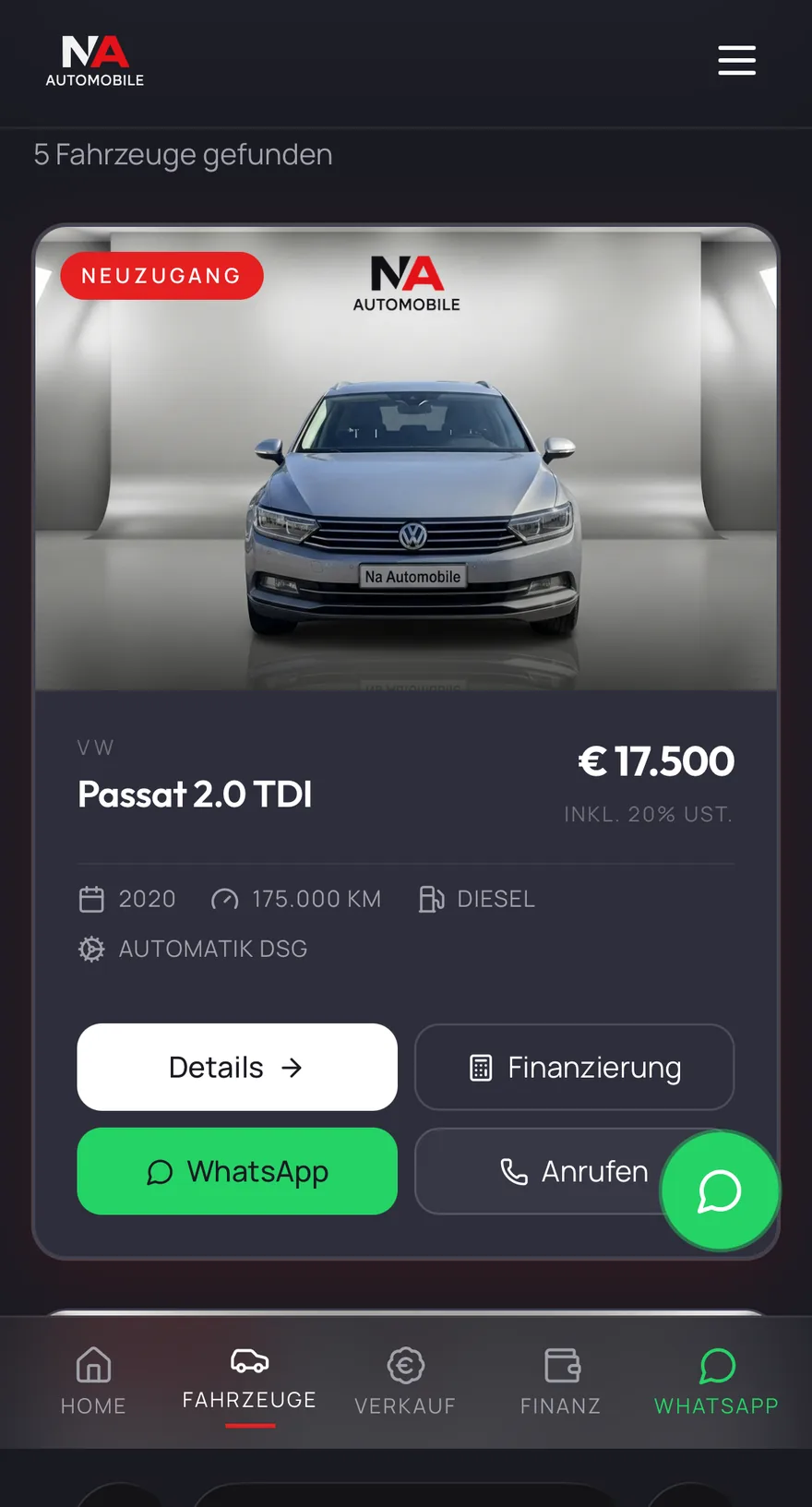 NAAutomobile Mobile — Inventory mit WhatsApp-first Kontakt