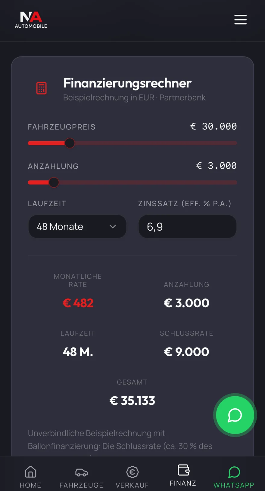NAAutomobile Mobile — unverbindliche Beispielrechnung mit Ballonfinanzierung