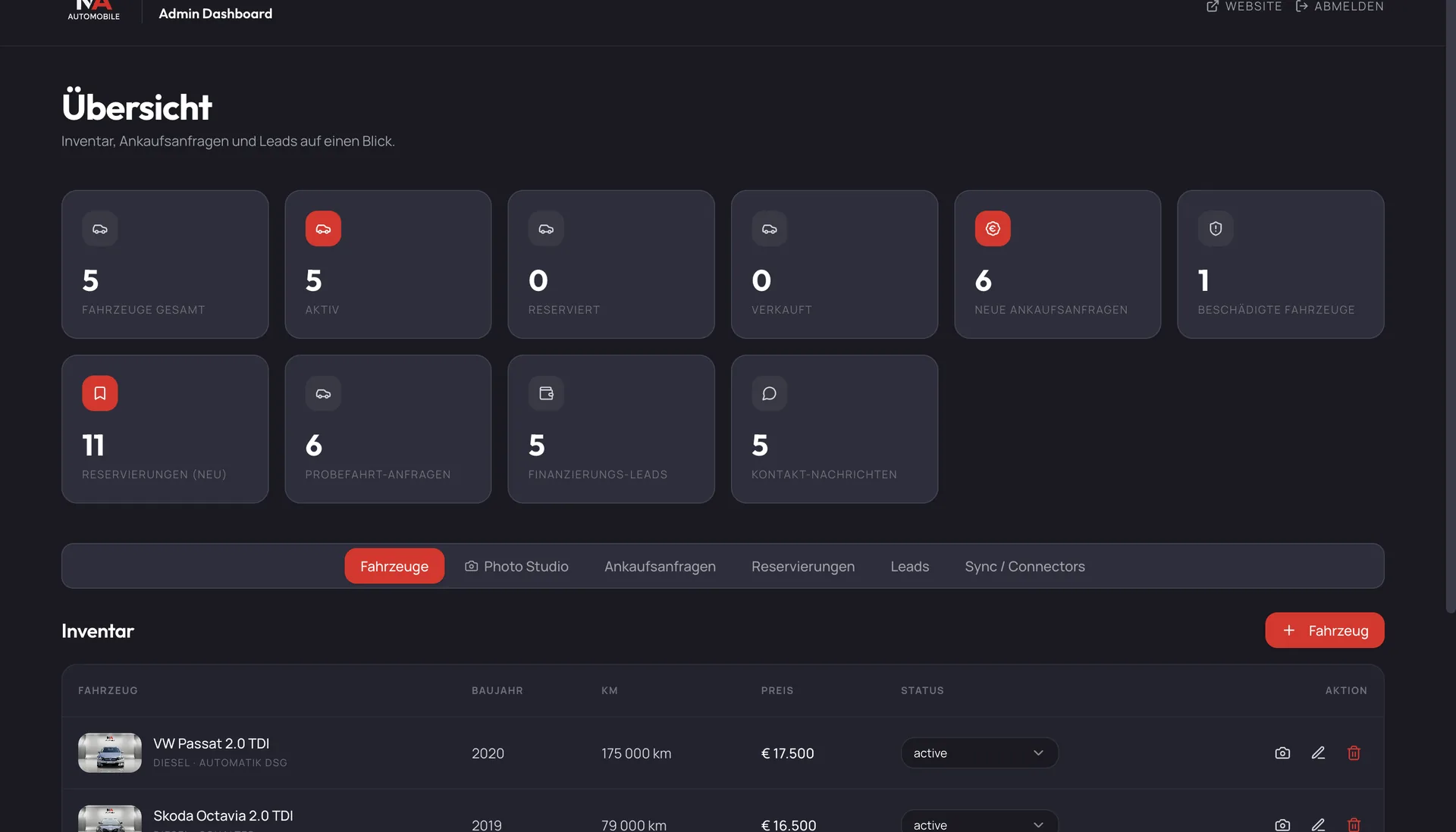 NAAutomobile — Haendler-Dashboard mit Inventar und Anfragen