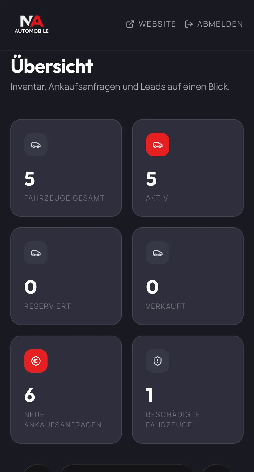 NAAutomobile Mobile — Dashboard-Uebersicht: Inventar, Ankaufsanfragen, Leads