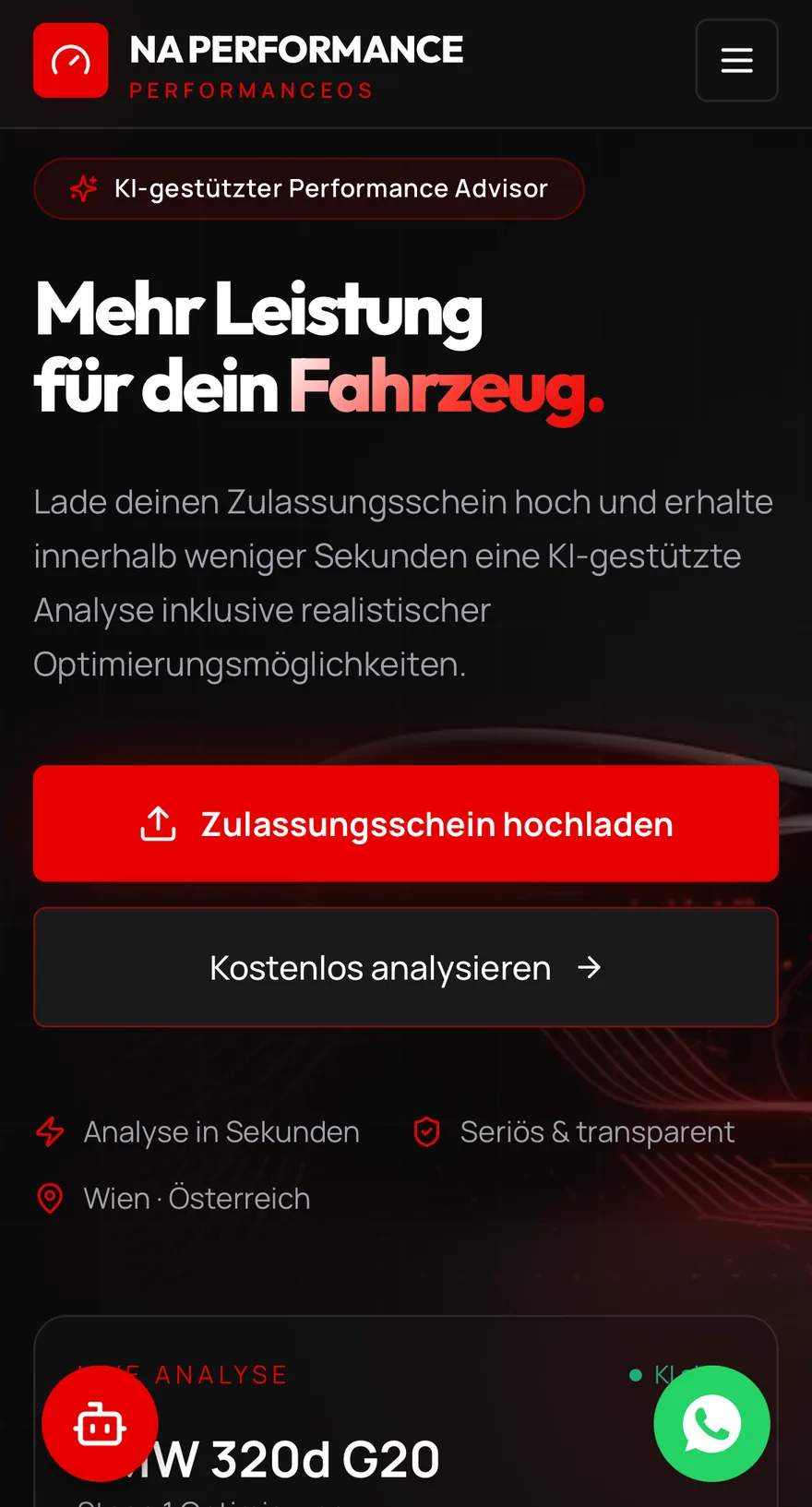 NAPerformance Mobile — Hero mit Upload-CTA