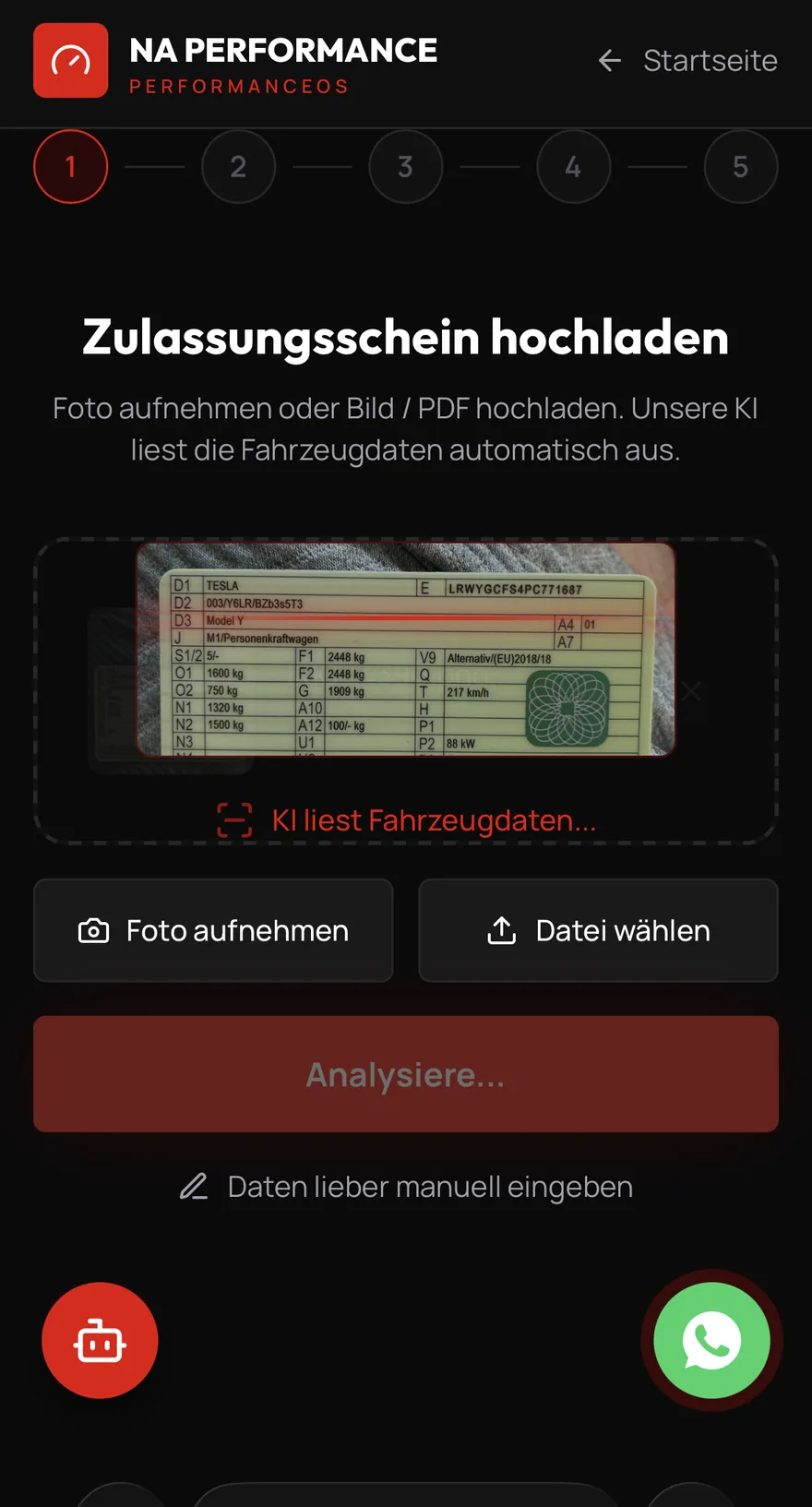 NAPerformance Mobile — Zulassungsschein hochladen