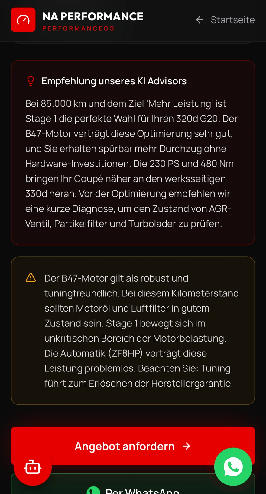 NAPerformance Mobile — Empfehlung des KI Advisors mit Angebotsanfrage