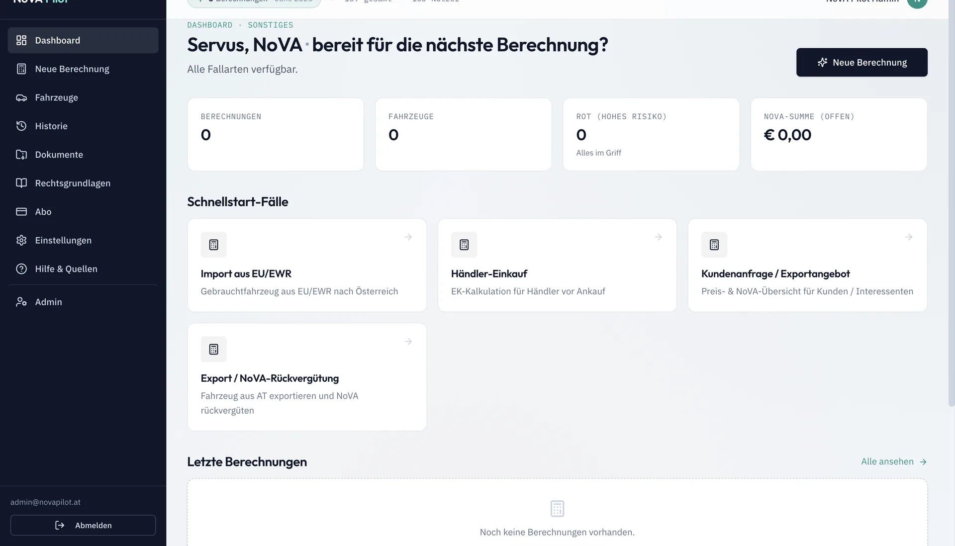 NovaPilot — Dashboard mit Schnellstart-Faellen