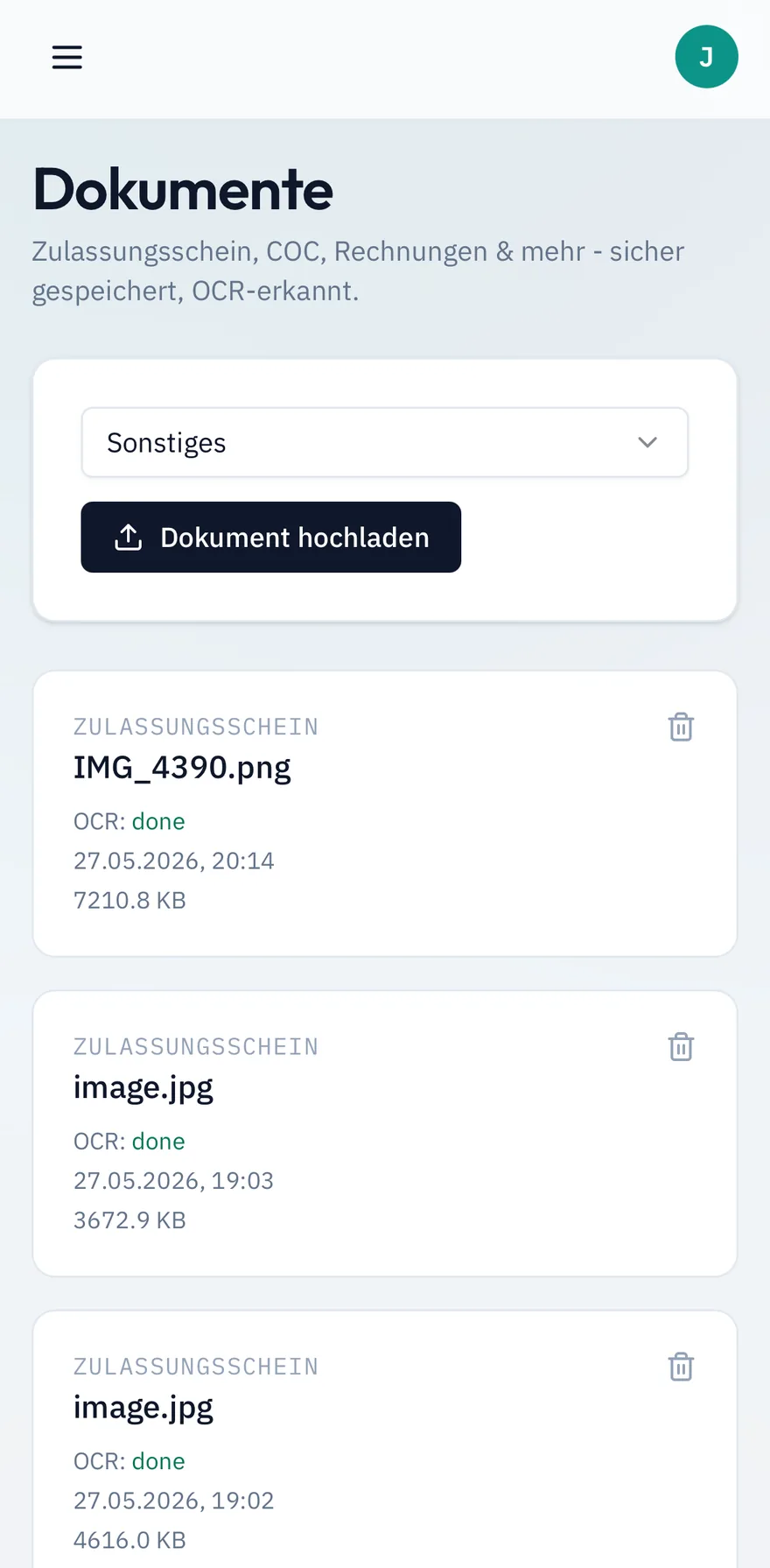 NovaPilot Mobile — Dokumentenliste mit OCR-Status