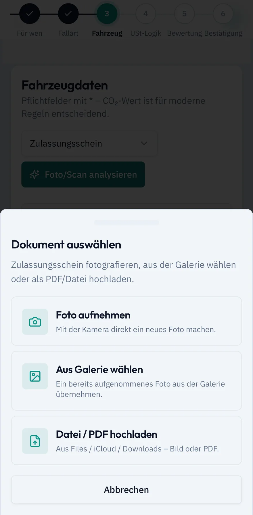 NovaPilot Mobile — Dokument auswaehlen: Foto, Galerie, PDF