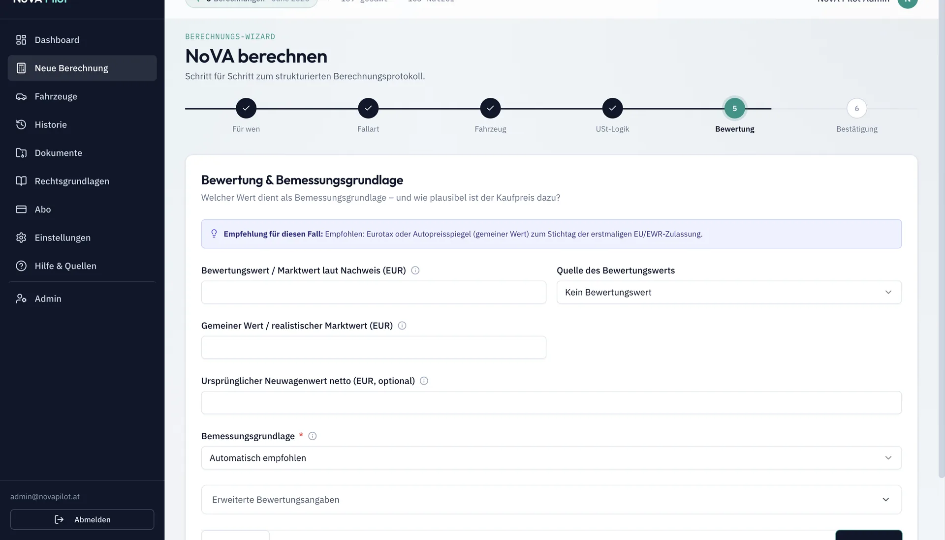 NovaPilot Wizard — Schritt: Bewertung und Bemessungsgrundlage