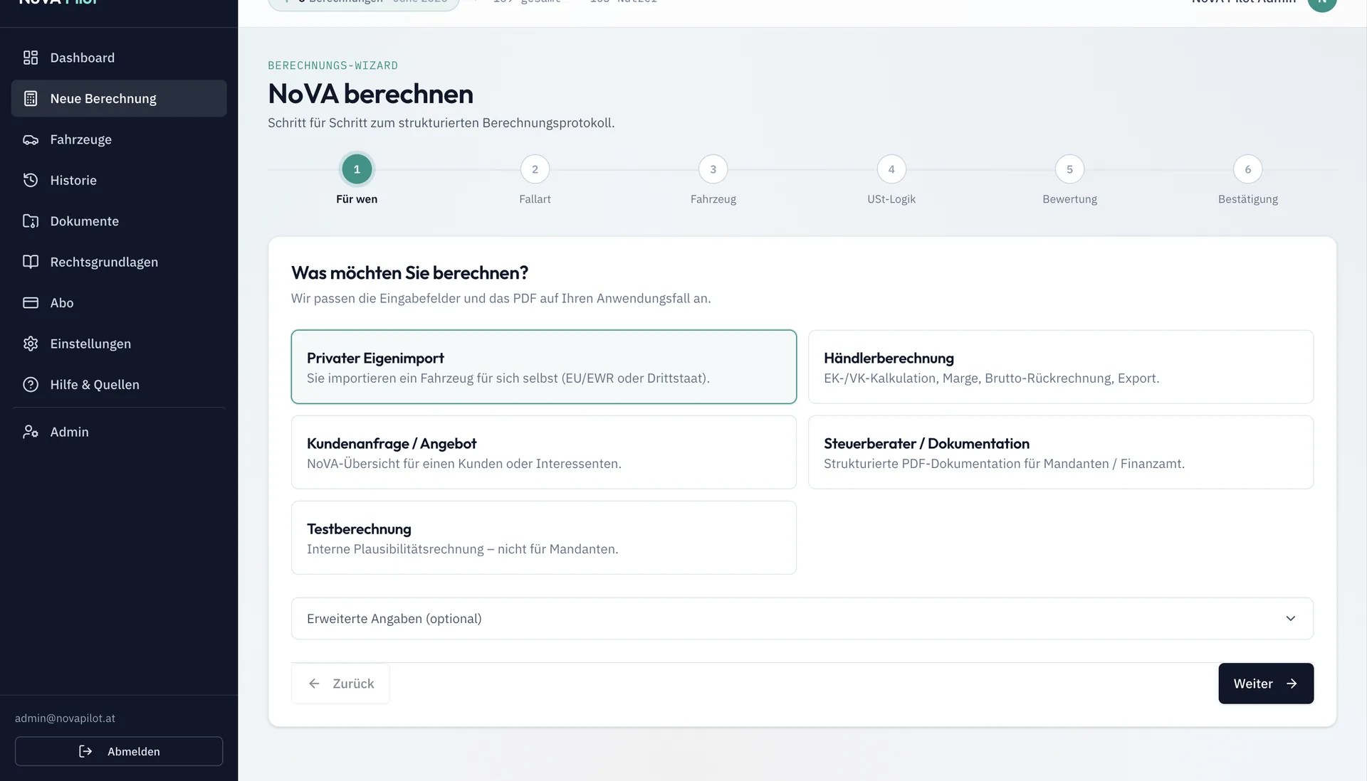 NovaPilot Wizard — Schritt: Für wen wird gerechnet?