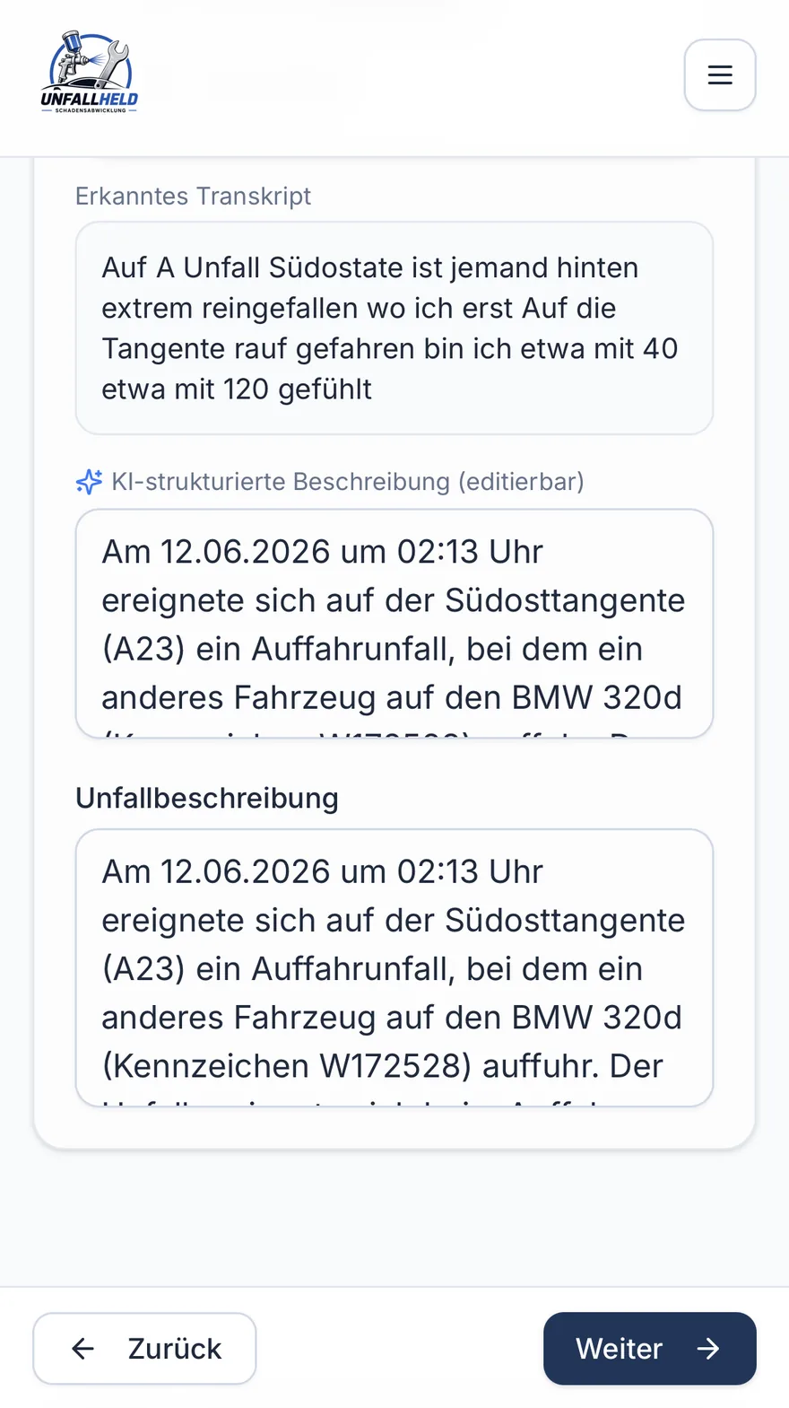 UnfallHeld Mobile — erkanntes Transkript und KI-strukturierte Beschreibung