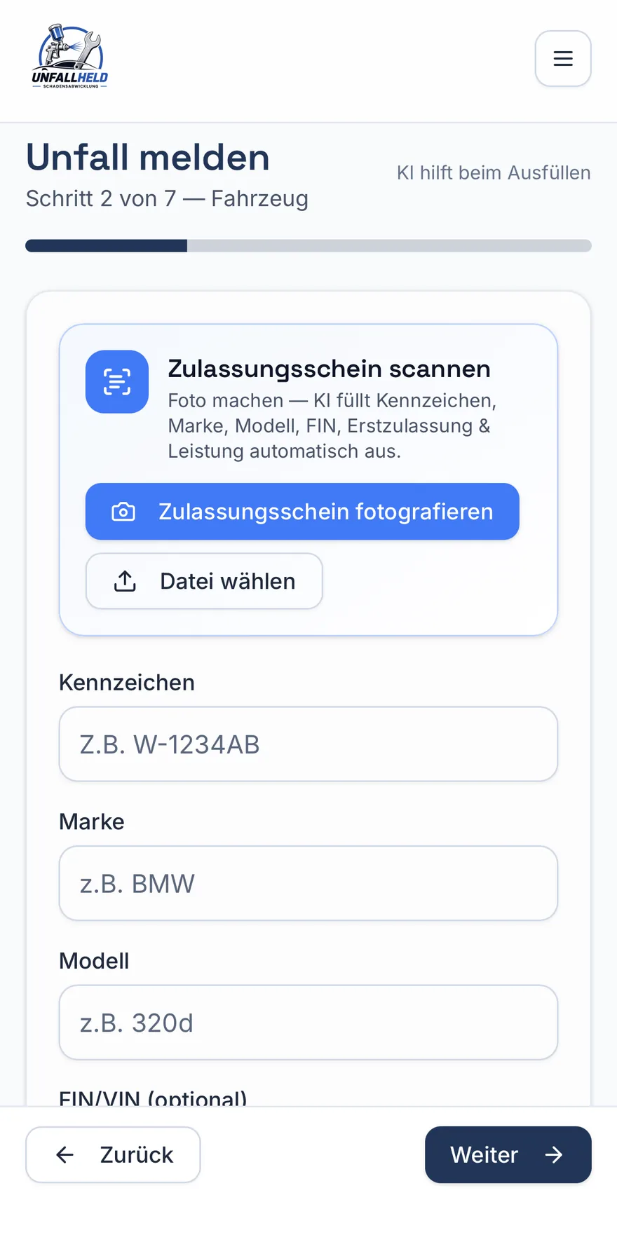 UnfallHeld Mobile — Zulassungsschein scannen, Fahrzeugdaten automatisch