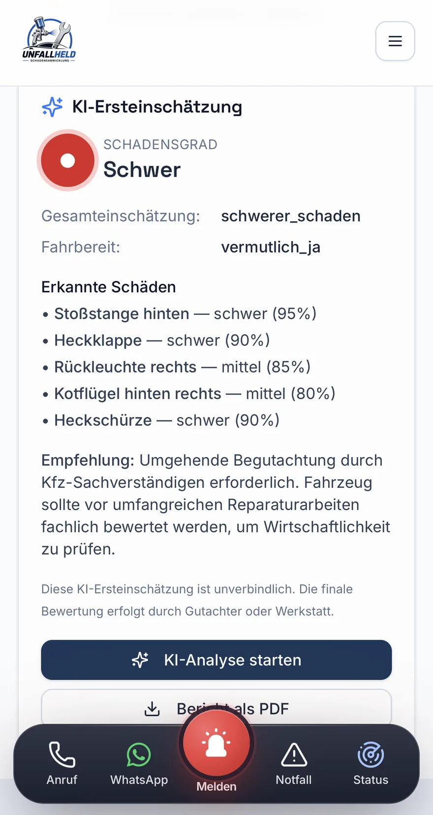 UnfallHeld Mobile — KI-Ersteinschaetzung mit erkannten Schaeden