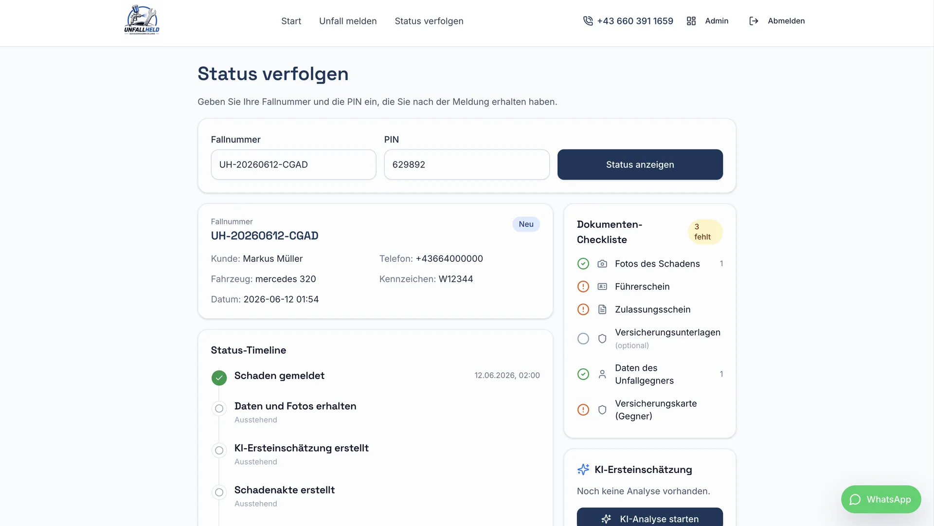 UnfallHeld — Status verfolgen: Timeline, Dokumenten-Checkliste, KI-Panel