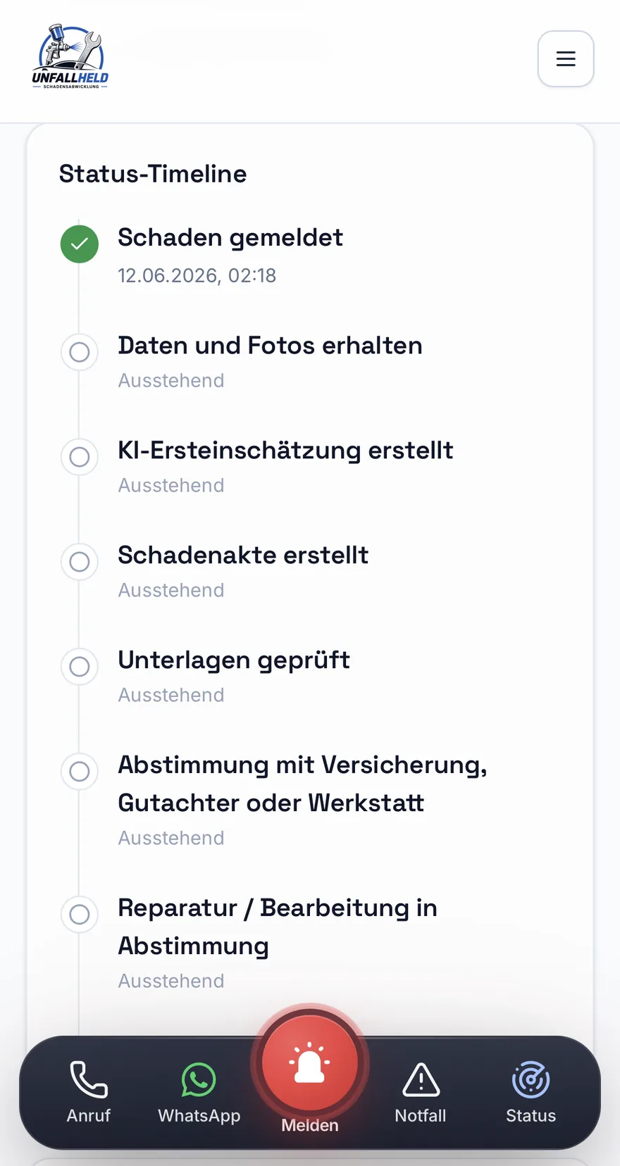 UnfallHeld Mobile — Status-Timeline des Schadenfalls