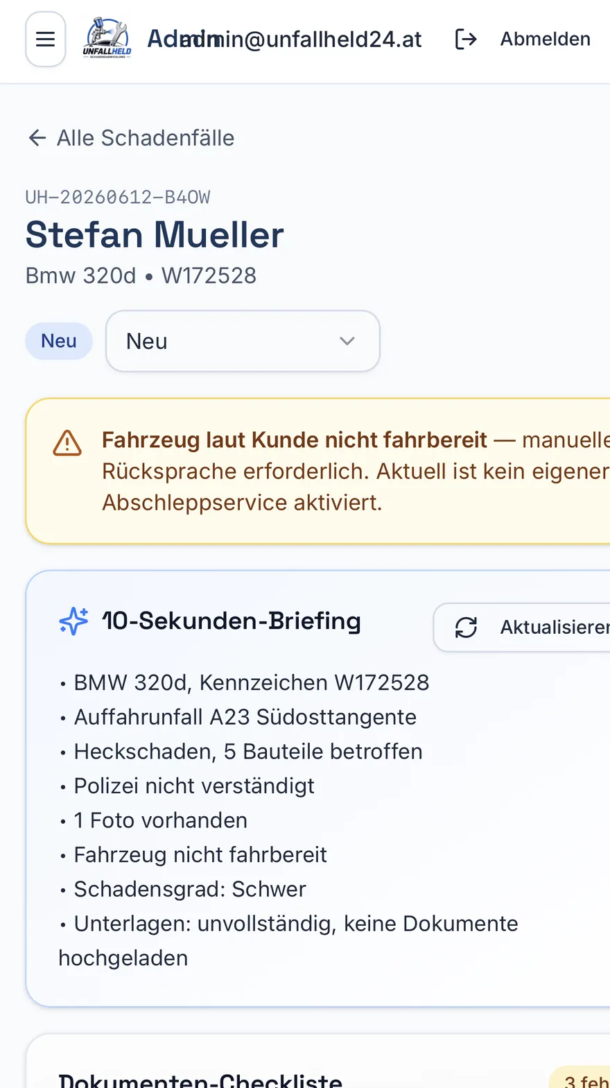 UnfallHeld Mobile — 10-Sekunden-Briefing zum Fall
