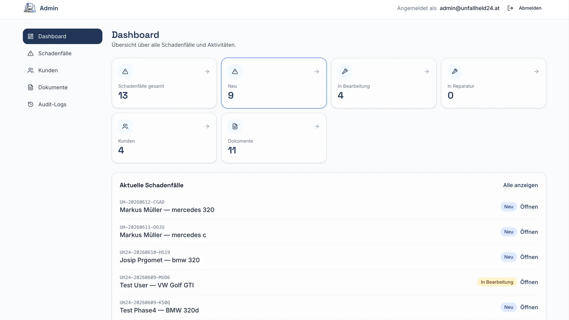 UnfallHeld — Betreiber-Dashboard mit allen Schadenfaellen