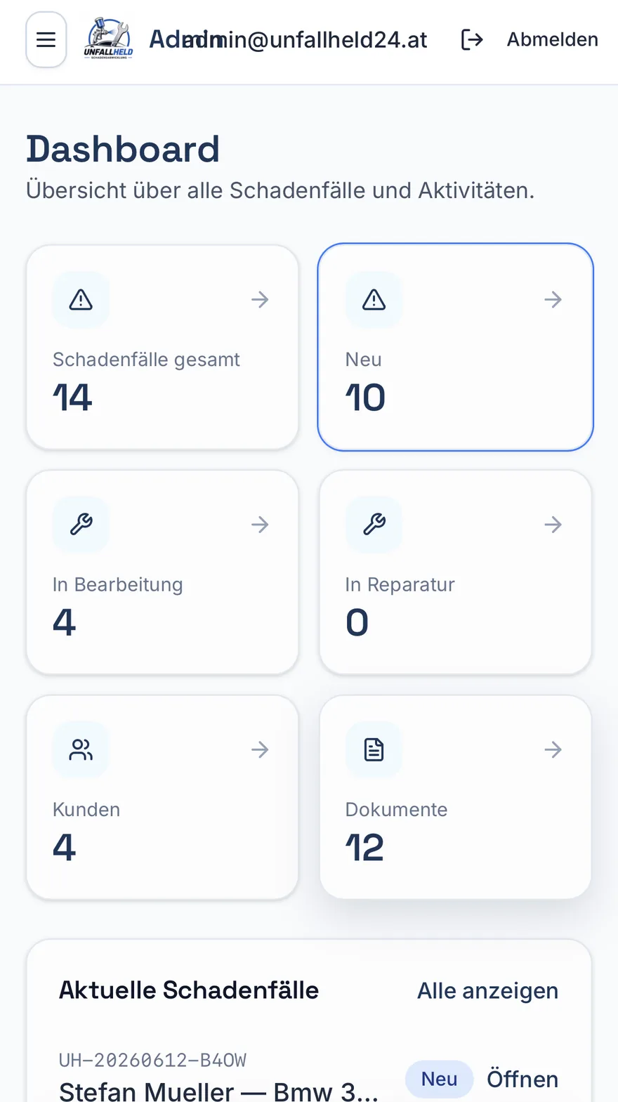 UnfallHeld Mobile — Dashboard mit Schadenfaellen