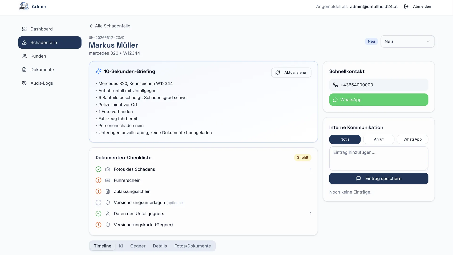 UnfallHeld — Falldetail mit Status und Dokumenten