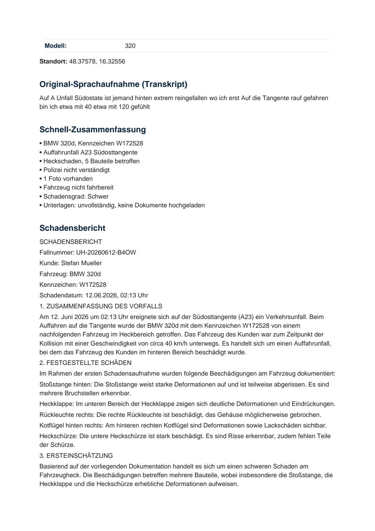 UnfallHeld Schadensbericht — Seite 2: Sprachtranskript und Zusammenfassung