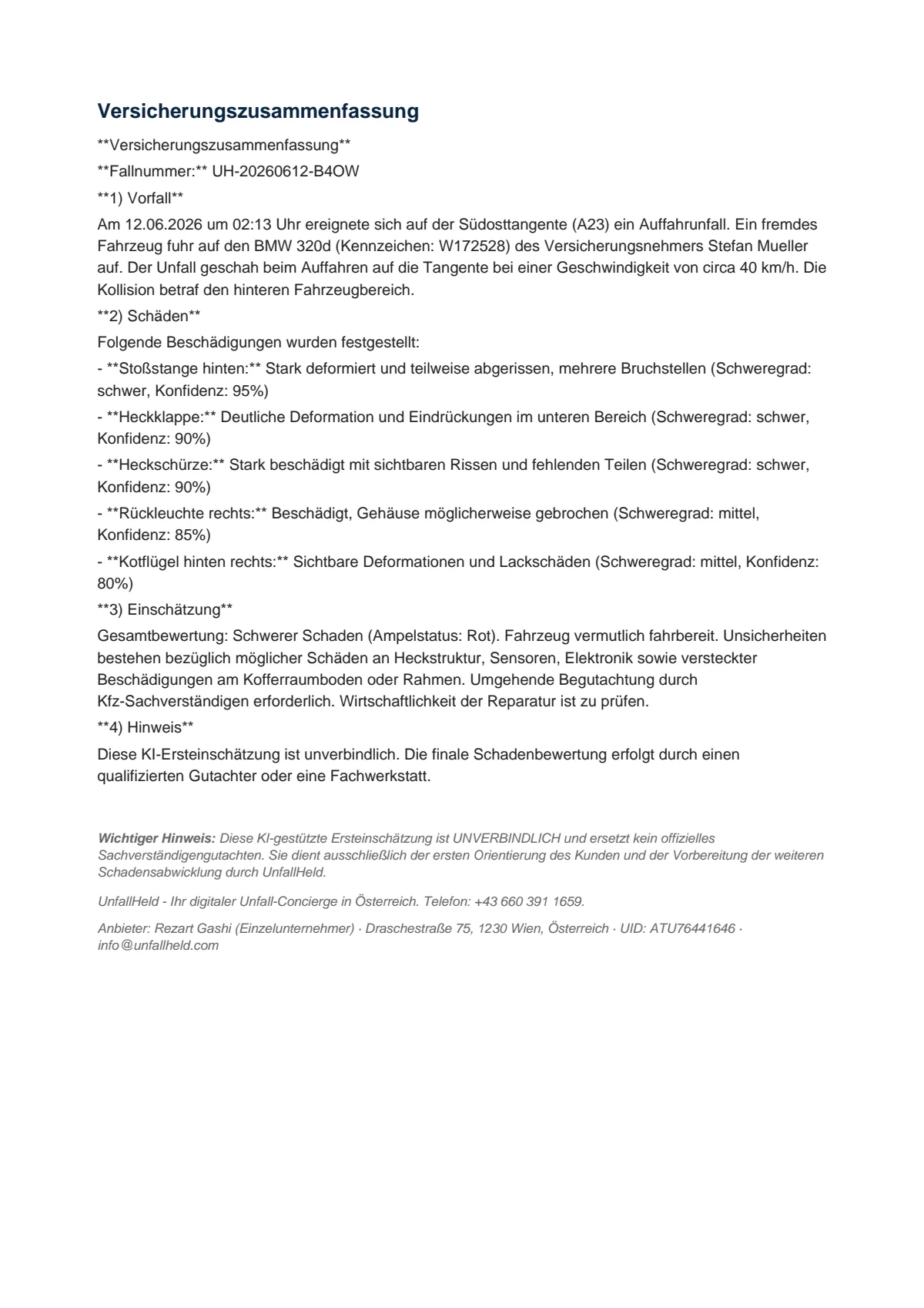 UnfallHeld Schadensbericht — Seite 5: Versicherungszusammenfassung und Disclaimer