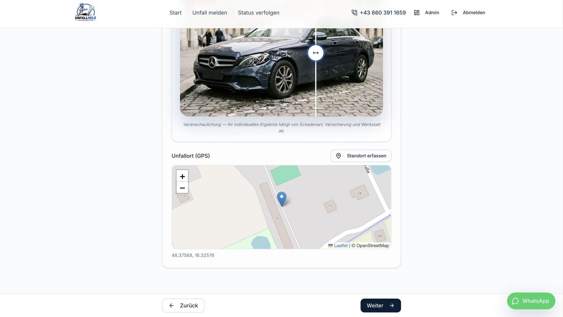 UnfallHeld Meldeflow — Schritt 5: Unfallort per GPS